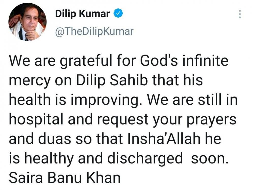 The Weekend Leader - Dilip Kumar still in hospital, health improving: Saira Banu
